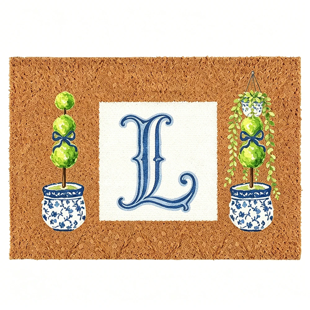 

Custom Name Doormat Personalized Floor Mat Outdoor Indoor Entry Rug Chinoiserie Preppy Ginger Jar Blue Topiary Welcome Gift