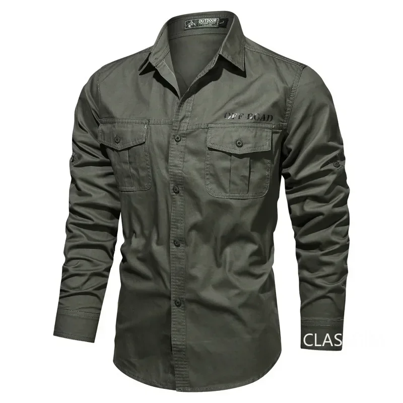 Men Military Long-sleeved Tooling Shirts Male Cotton Outdoor Multi-pocket Casual Shirts Good Quality Man Large Size Solid Shirts