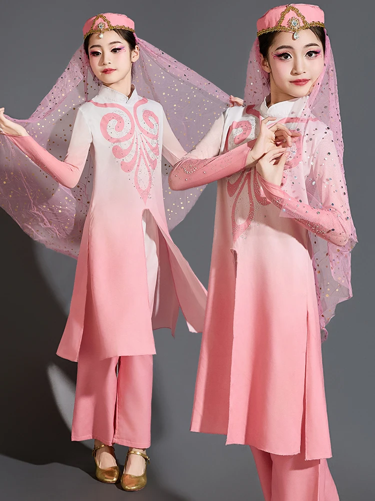 

Traditional Ethnic Uygur Girl's Costume Headwear Dance Performance Outfit Children's Clothing Hanfu Stage Costume for Girls