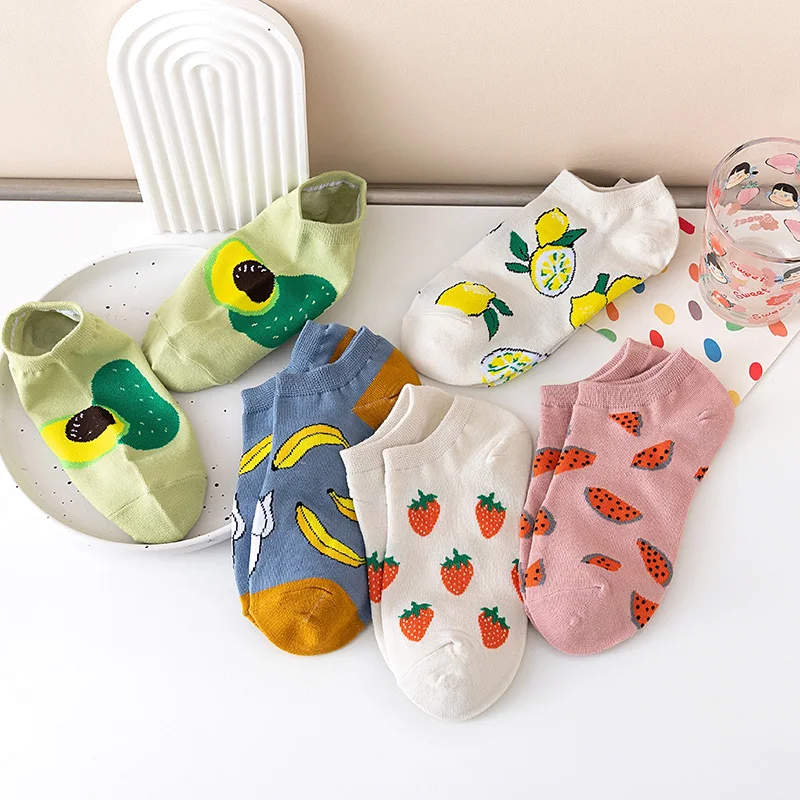 5 Pairs Of Womens Funny Socks Spring And Autumn Fruit Socks Avocado Lemon Strawberry Banana Harajuku Casual Boat Socks