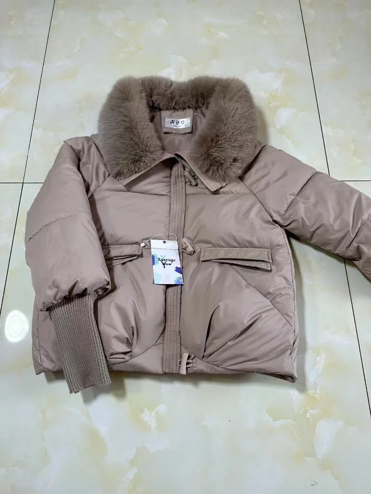 Parkas com colarinho de pele quente, casaco grosso curto, jaqueta puffer, streetwear de bolso, tops de manga comprida, roupas de inverno, frio, novo