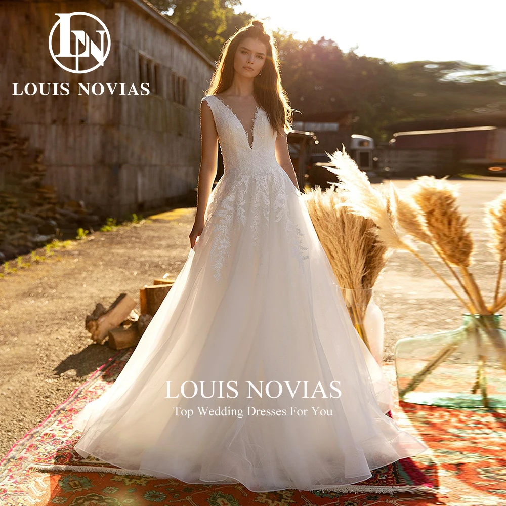 LOUIS NOVIAS Lace Wedding Dresses Sexy Romantic Backless Sequined Brush Train Bridal Gown A-Line V-neck zipper Vestidos De Novia