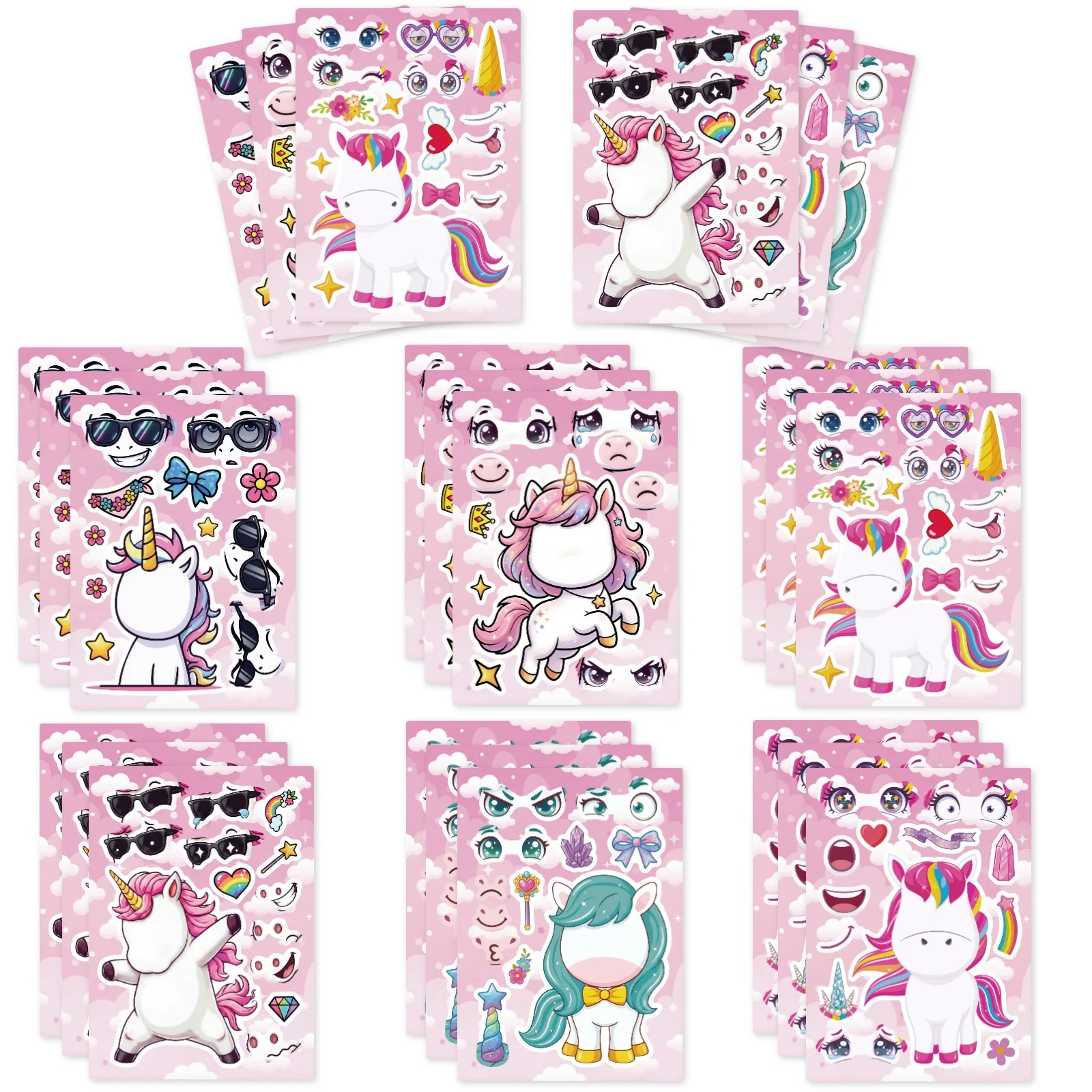6/12/18PCS Cartoon Unicorn Face-Changing Puzzle Stickers, Creative Decorative Stickers for Stationery, Notebooks, Reward Sticker