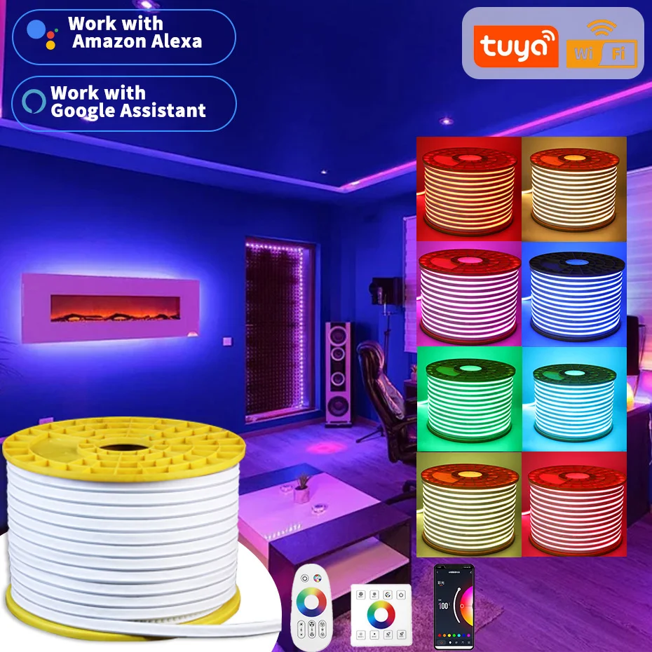 Smart RF Panel Remote RGB Neon Strip Light Tuya WiFi 220V EU Plug RGB Led Ribbon Tape Waterproof Outdoor Home Decoration Lights