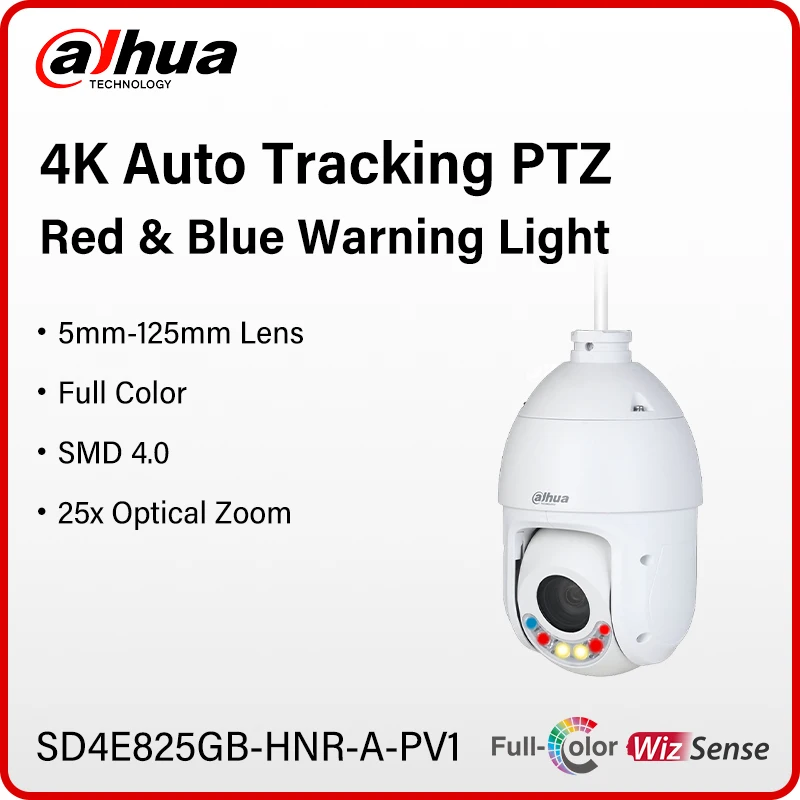 

Dahua WizSense 4K Full Color PTZ Camera Smart Auto Tracking Network IP Cam Sound & Light Warning TiOC IR100m SD4E825GB-HNR-A-PV1