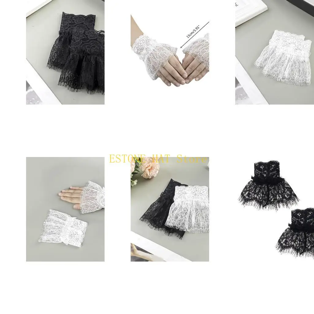 49MF Women Pleated Lace Hook Arm Sleeves Elegant False Arm Sleeves Elastic Wrist Cuff