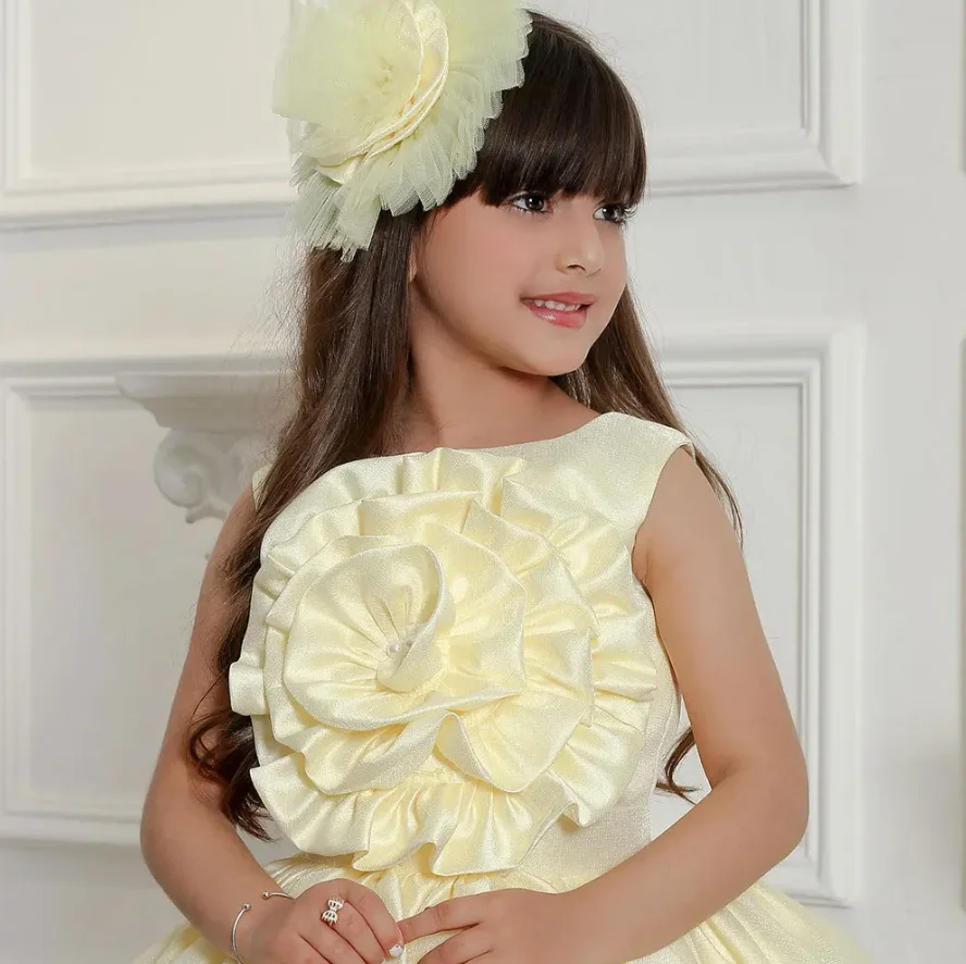 Yellow Puffy Flower Girls Dress for Wedding Kids Party Dress O Neck Sleeveless Princess Pageant Gown First Communion Dress