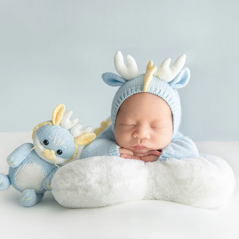 Dragon Newborn Photography Outfit Blue Knitting Jumpsuits Suit Studio Full Moon Baby Cute Creative Photography Costumes