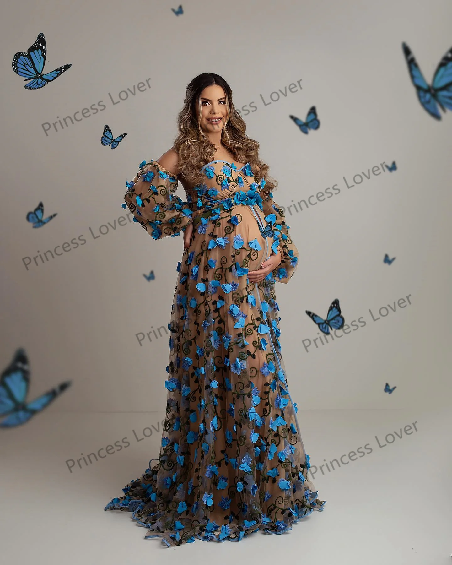 3D Floral Maternity Dresses for Photo Shoot Illusion Pregnancy Prom Dress with Detachable Sleeves Women Maxi Gown