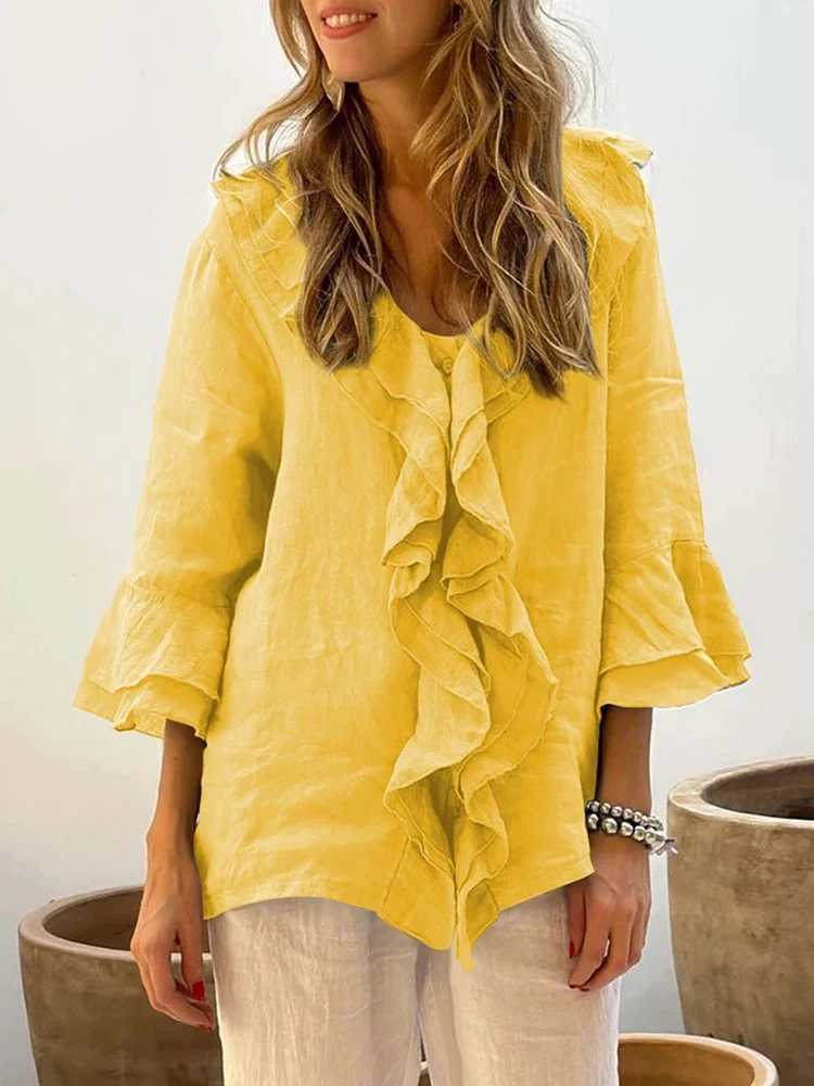 

Женский однобортный топ с длинными рукавами, повседневный стильный топ из полиэстера с V-образным вырезом и оборками, осень 2024