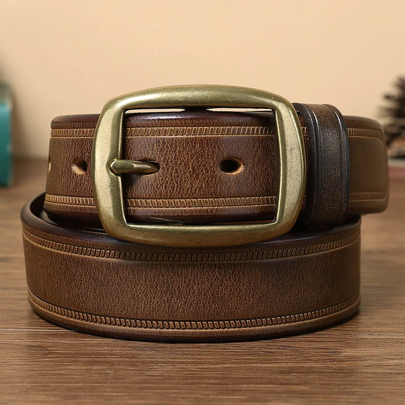 3.3CM wide retro leather belt for men with genuine leather brass pin buckle top layer cowhide fashionable youth belt