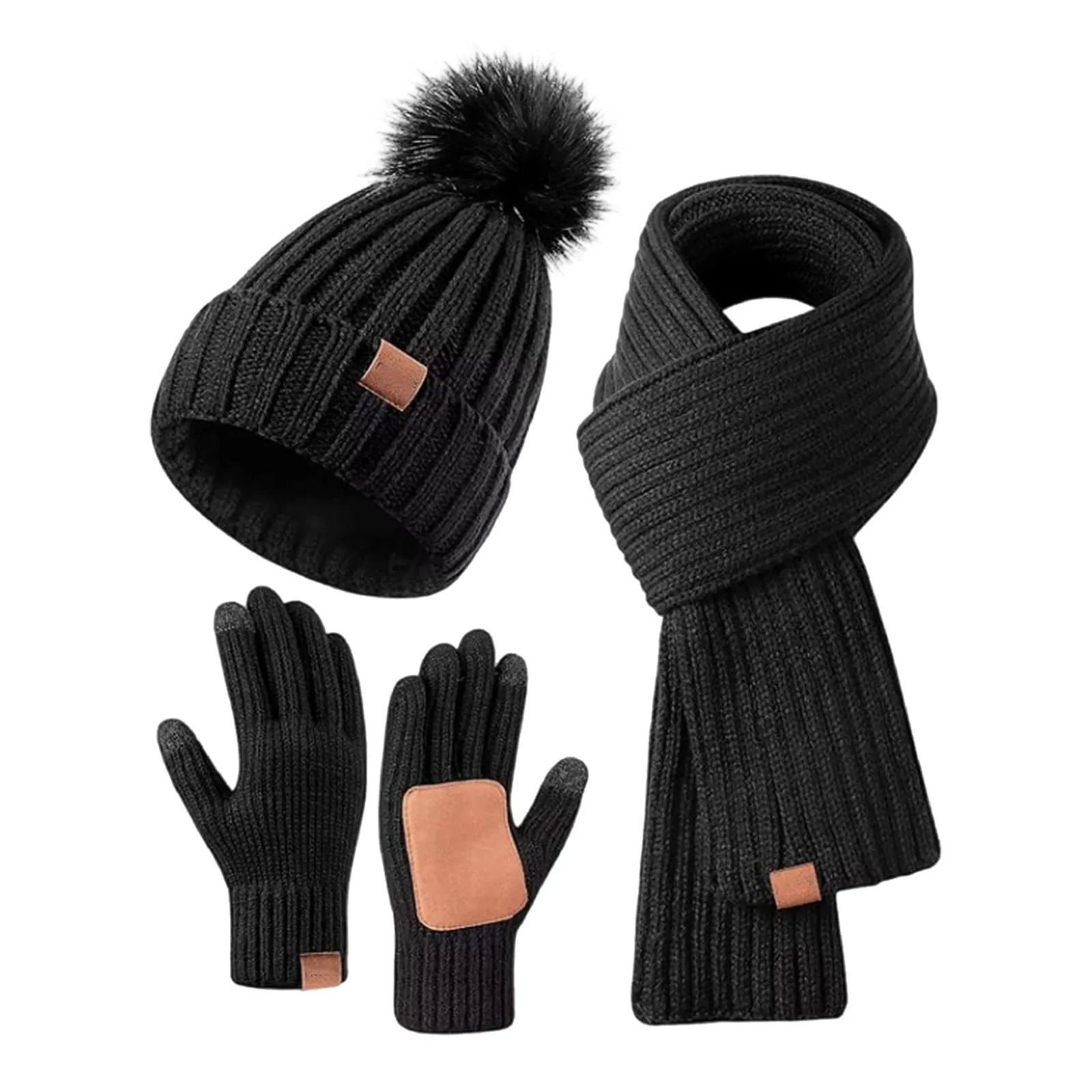 Unisex Black Hat Scarf Gloves 3pcs Set for Men Outdoor Warmer Scarf Hat Winter Women's Plush Beanie Cap Touch Screen Gloves Set