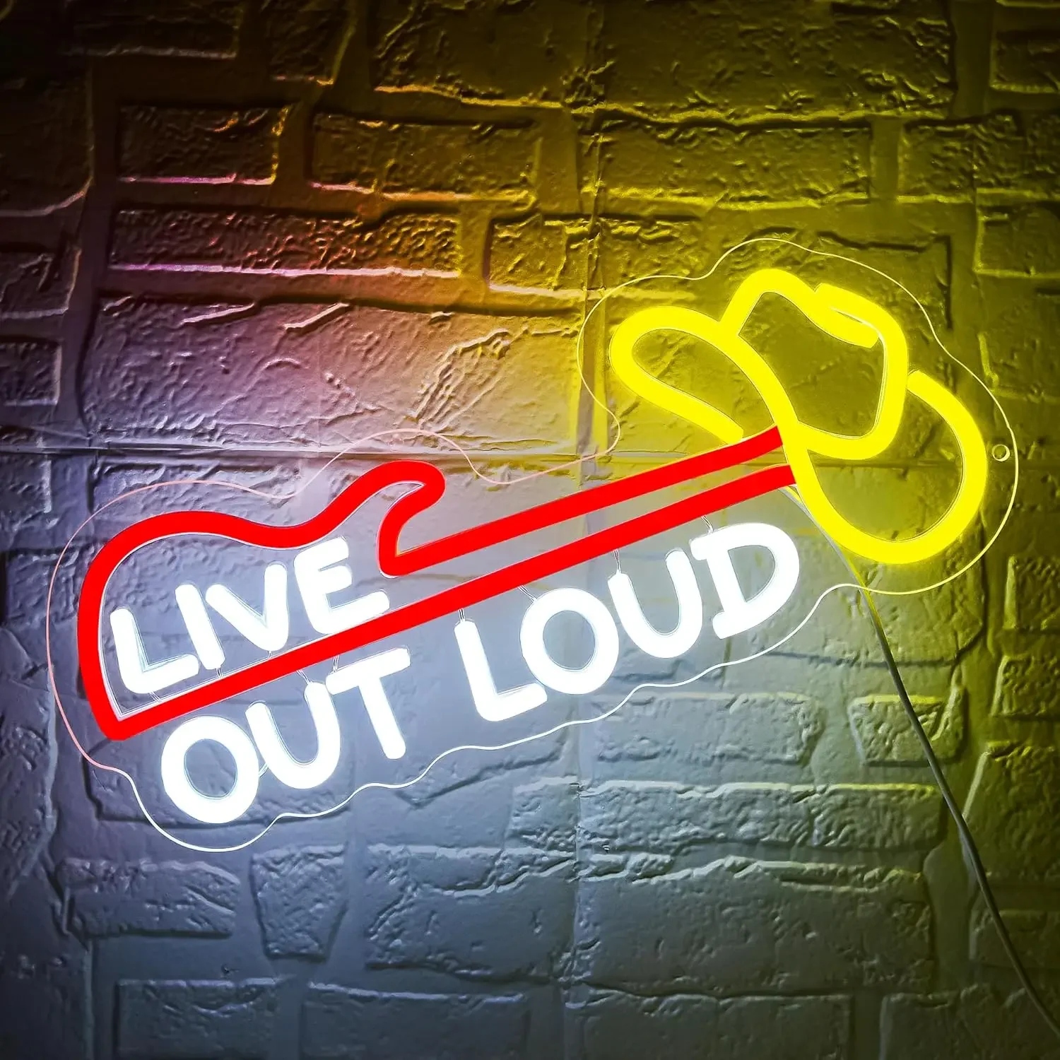 Live Out Loud Neon Sign Yellow Heart Red Line LED Wall Art Acrylic USB Powered Dimmable Light Decor for Home Bar Party