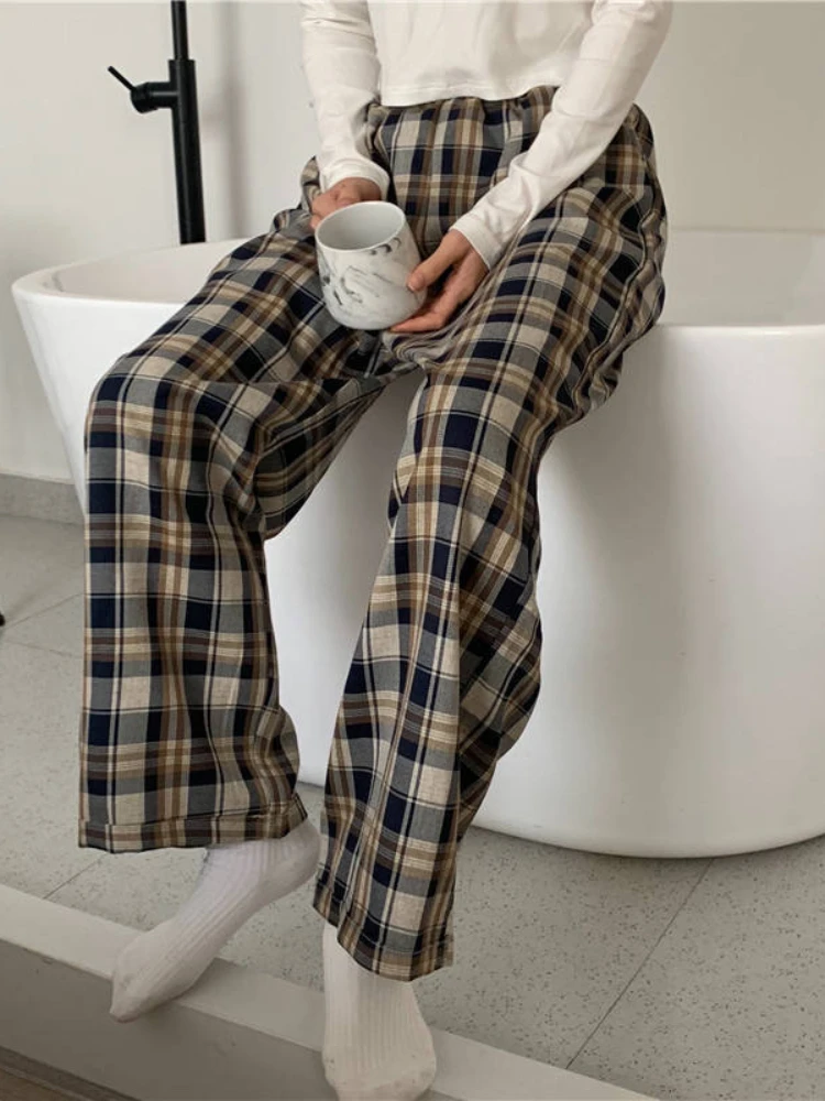 HOUZHOU Harajuku Plaid Pants Women Oversize Wide Leg Trousers Female Korean Style High Waist Checkered Pajama 2021 Spring Summer
