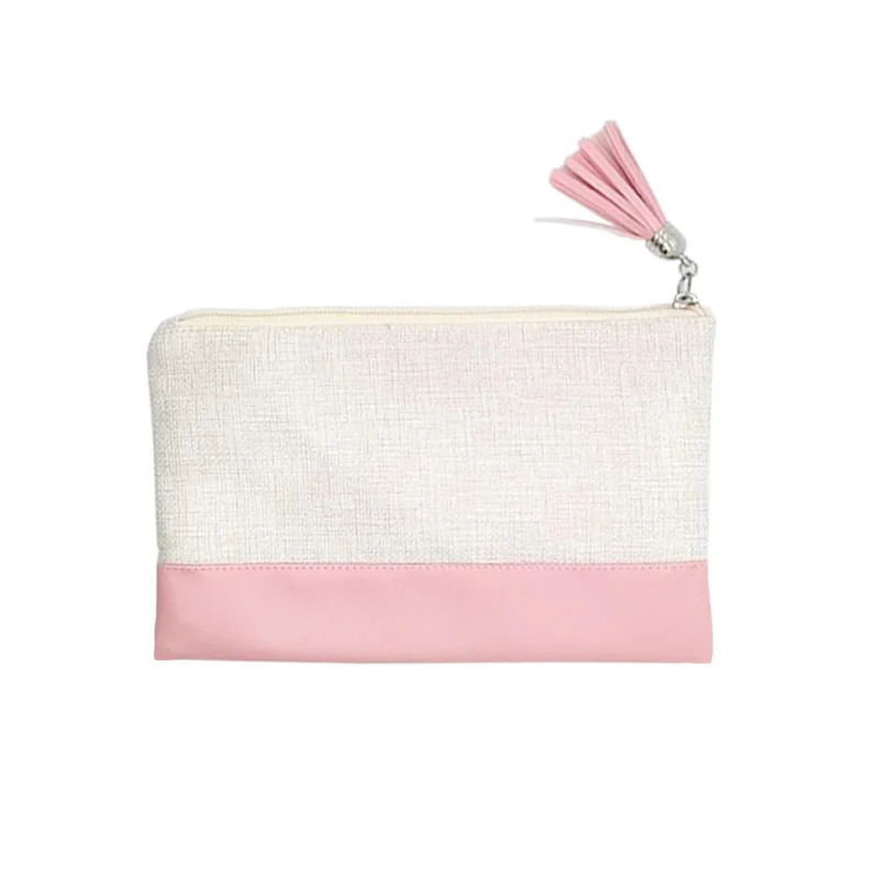 Thermal Sublimation Blank Small Cosmetic Bag With Fringe Linen Storage Bag With Zipper Heat Transfer For Custom Coin Bag