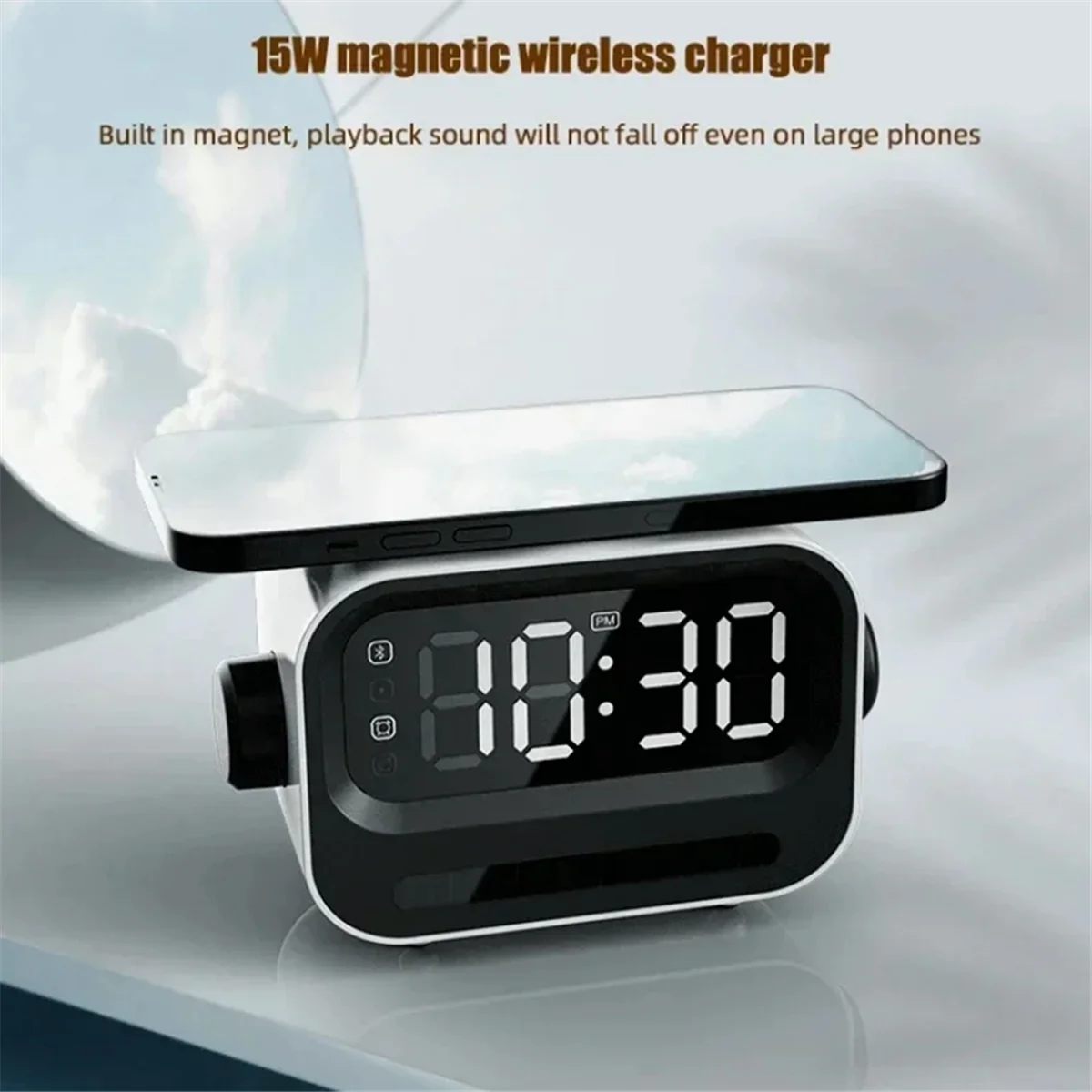 4-in-1 High Quality Bluetooth Speakers 15W LED RGB Light Digital Alarm Clock Mobile Phone Magnetic Wireless Charger,B