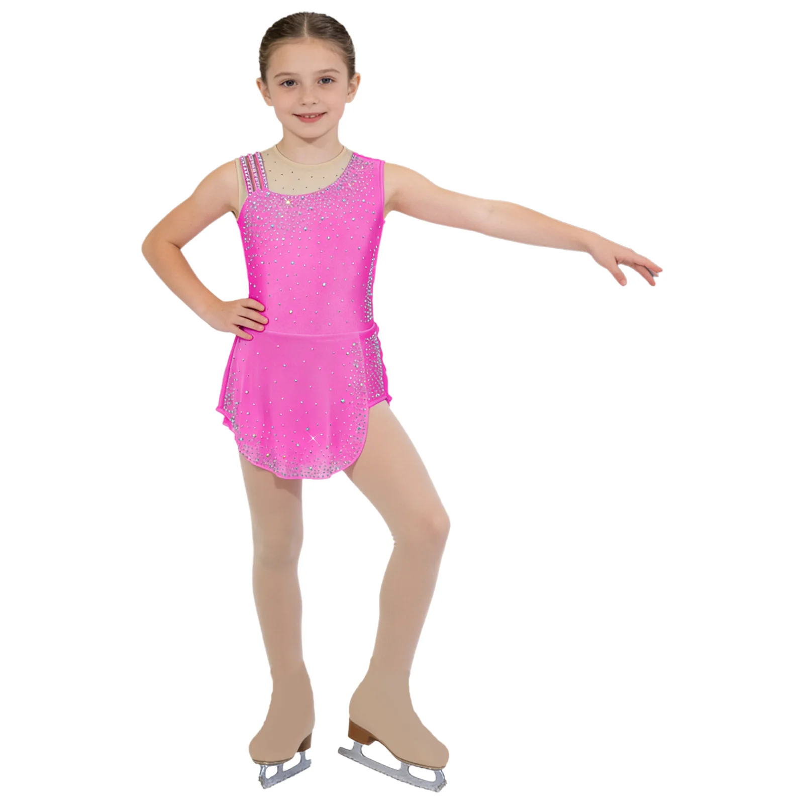 Kids Girls Ballet Dance Dress Figure Skating Rhythmic Gymnastics Performance Costume Sleeveless Shiny Rhinestones Mesh Leotard