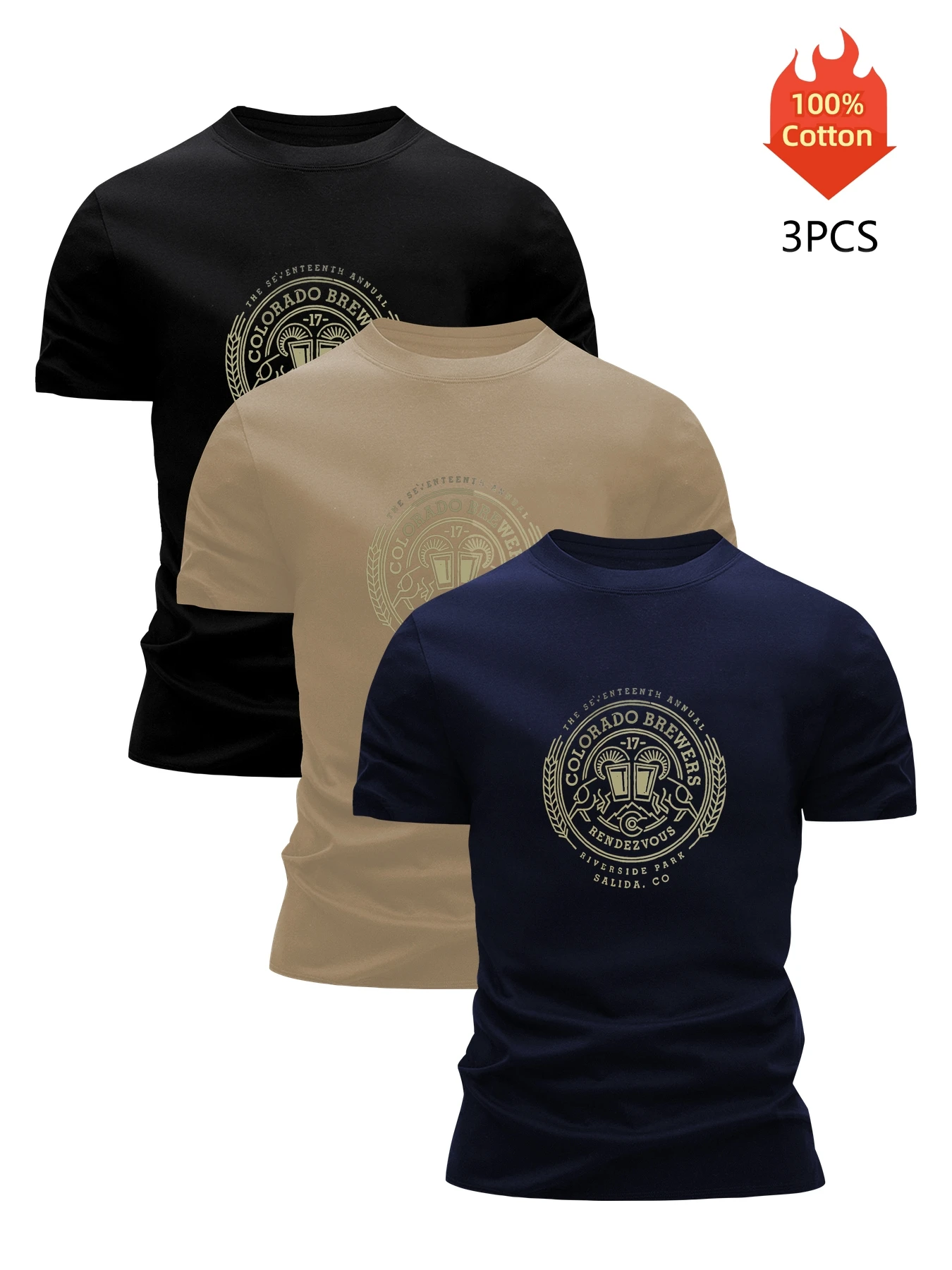 3 Pack T-Shirt Men's 100% Cotton Graphic Printed Tees Funny Summer Blouse Casual Breathable Cool High Quality Clothing