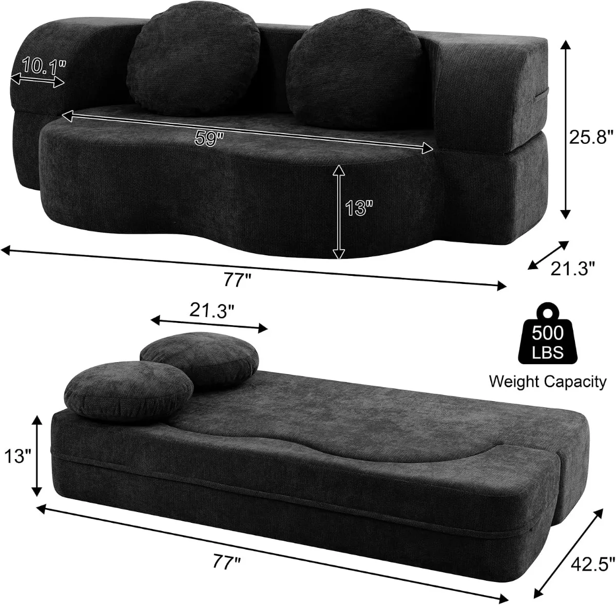 Convertible Sofa Bed, 77” Folding Boneless Couch, Floor Sofa 2-in-1 Curved Couch for Small Living Room, Customized