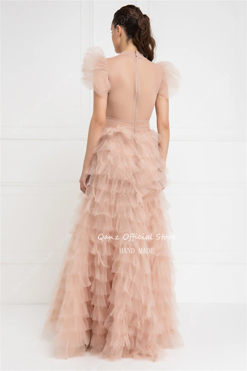 Qanz Dirty Pink Princess Prom Dresses Tulle Frill-Layered Tiered Dress Party Evening Elegant Luxury Celebrity Long Dresses 2024