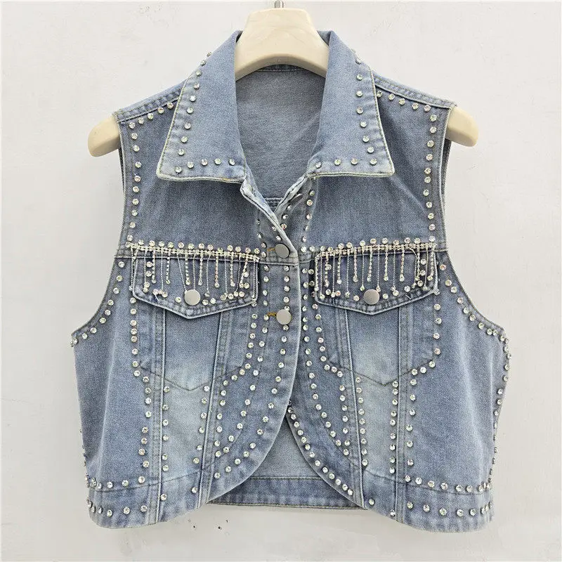 

Heavy Work Diamond Chain Tassel Blue Slim Short Denim Vest Spring Summer Women Lapel Single-Breasted Sleeveless Cowboy Waistcoat