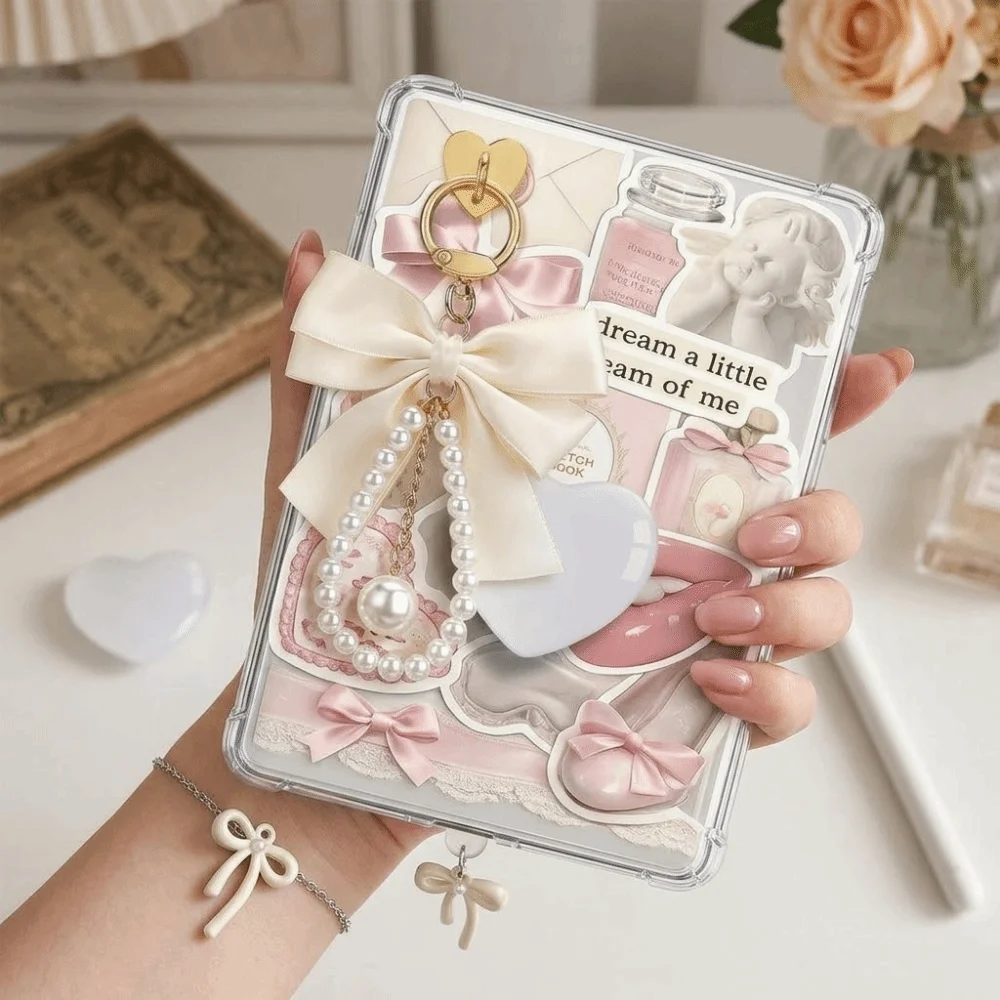 1 Set New Large Bow Tablet Charm Pearl Chain Heart Shaped Phone Pendant Trendy Tablet Accessory Women