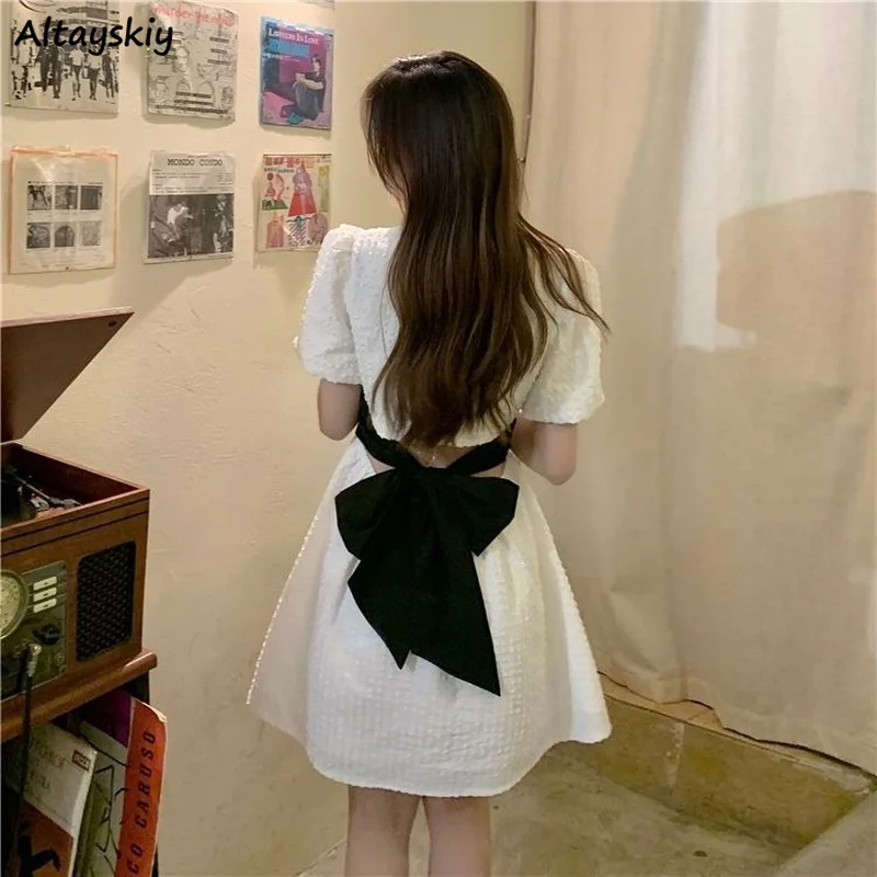 Puff Sleeve Backless Dress Women Sweet Tender Summer Ins Korean Style Temperament Square Collar Preppy Girlish Mini Minority Y2k