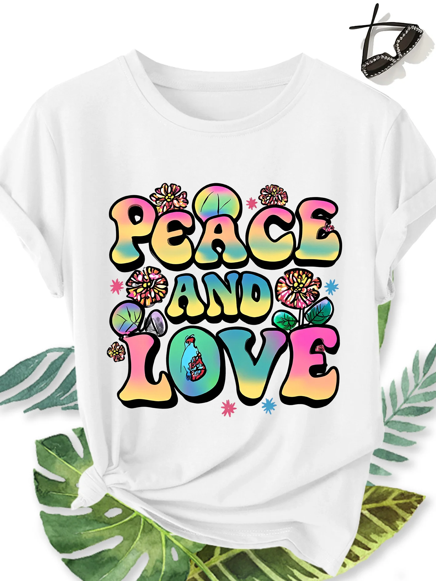 Peace and Love Hippie Printed Pattern Round Neck Women's Comfortable Summer Fashionable Commuter Vacation Daily Top