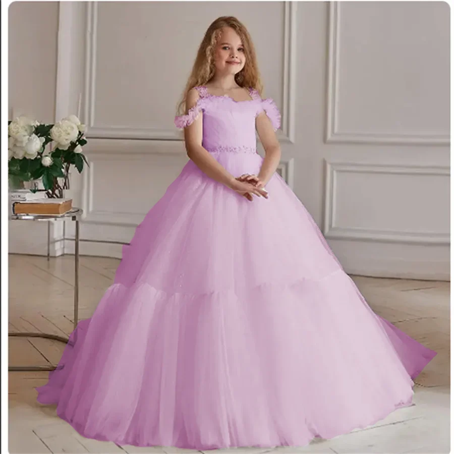 فساتين بسيطة للفتيات على شكل زهرة لحفلات الزفاف وكشكشة وشاح كريستالي فساتين حفلات بطول الأرض للأطفال وأعياد ميلاد الأميرة