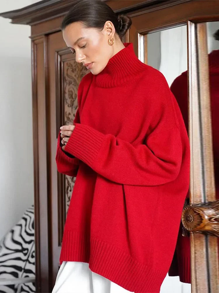 Women\'s Turtleneck Oversize Cashmere Sweaters Vintage Long Sleeve Knitted Red Brown Sweater Pullover 2024 New All-match Knitwear