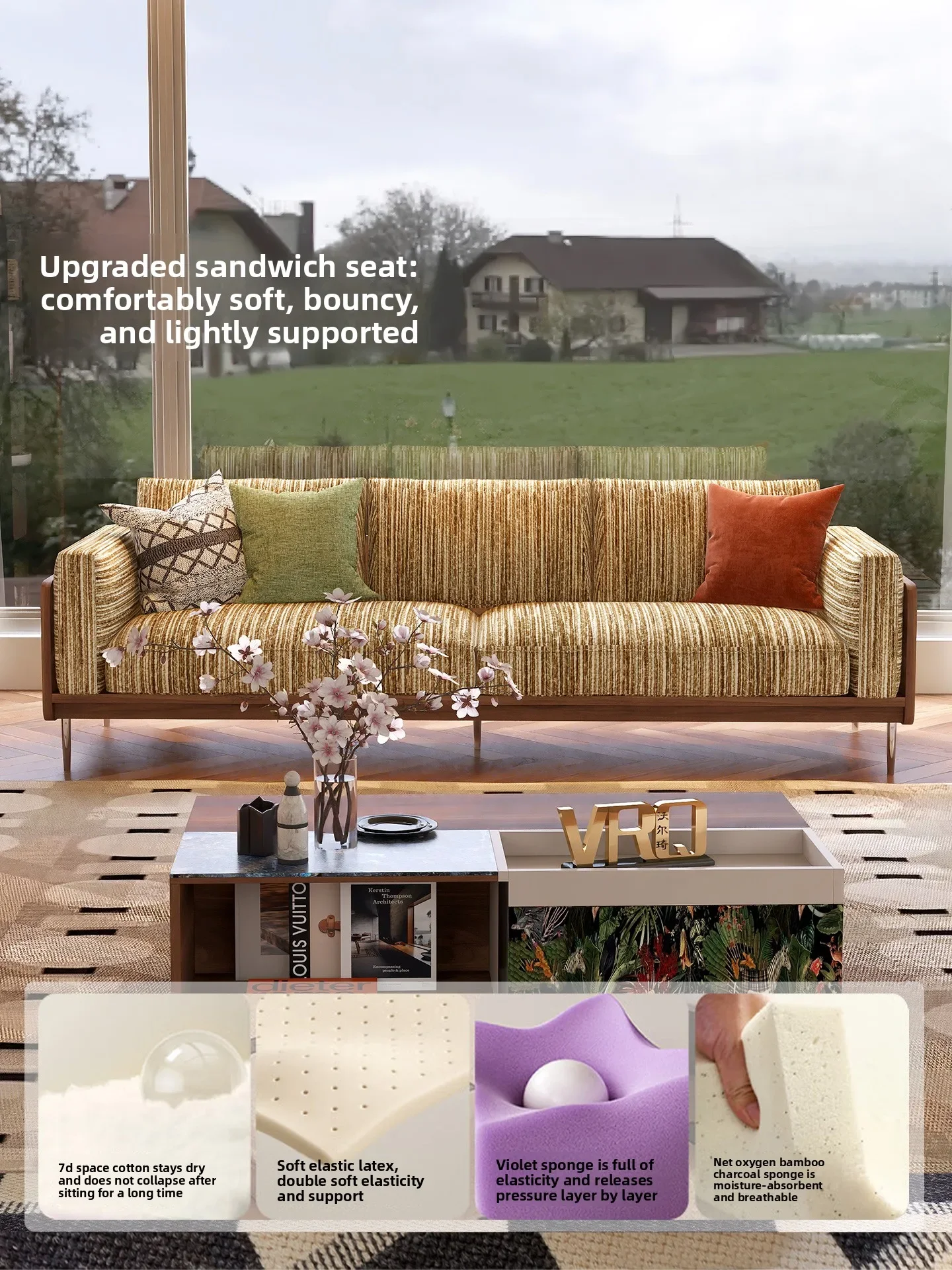 Retro chenille fabric sofa removable and washable modern living room small apartment solid wood rattan sofa