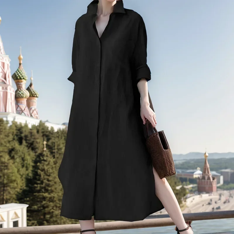 Women Elegant Turn-down Collar Long Dress Casual Female Slit A-Line Dress Solid Color Fashion Single-breasted Loose Shirt Dress