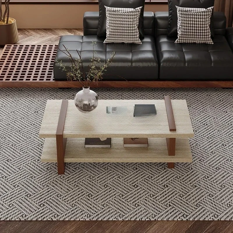 LJYWabi-Sabi Style Retro Natural Solid Wood Travertine Coffee Table for Living Room Minimalist Low Table