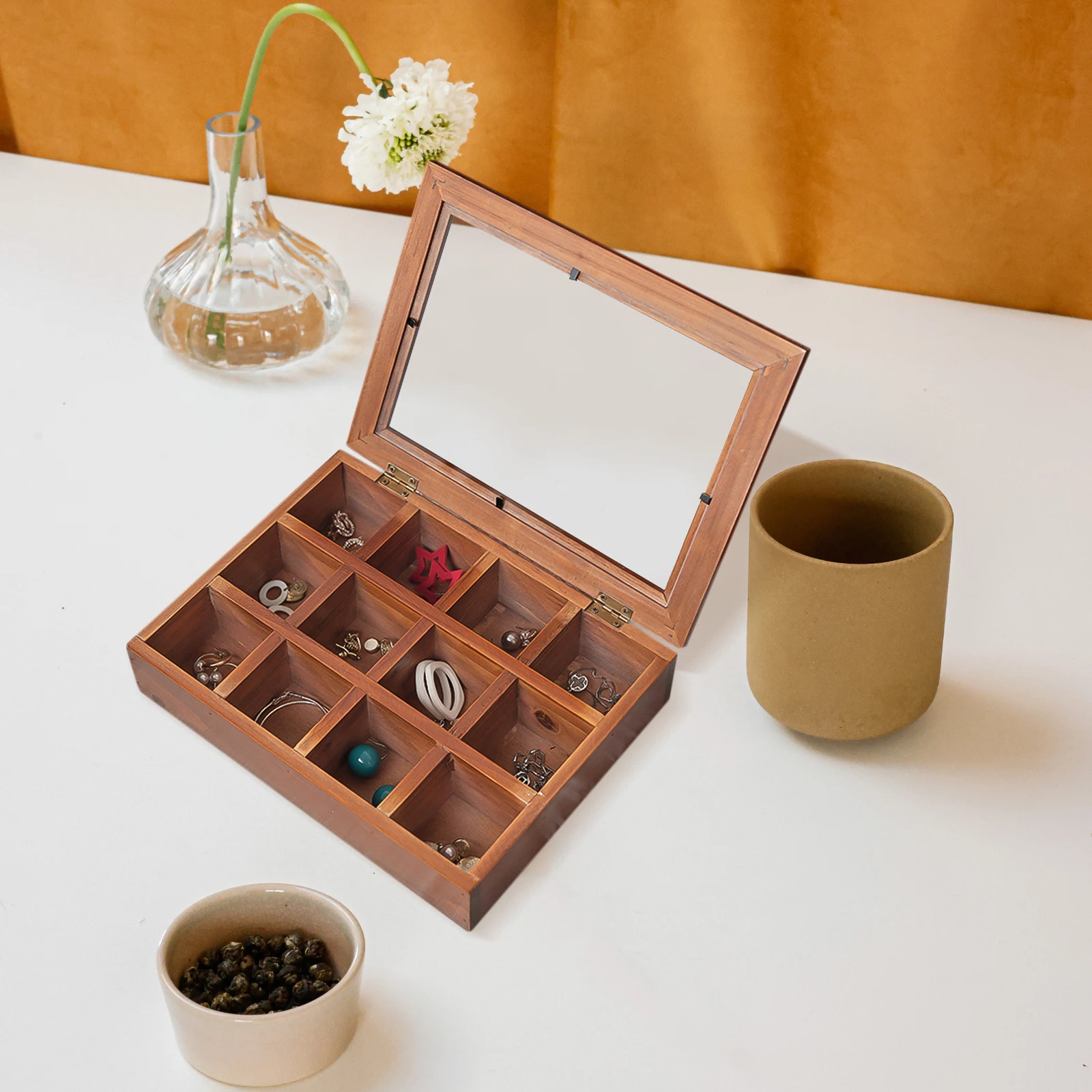 

Sturdy Solid Wood Organizer for Women Girls Perfect Display Case Drawer Rack with Compartment Earring Ring Watch Bracelet