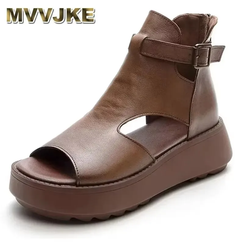 

2025 Retro Handmade Women Platform Sandals Summer Back Zipper Cool Boots Lady Genuine Leather Open Toe Casual Wedges Sandals