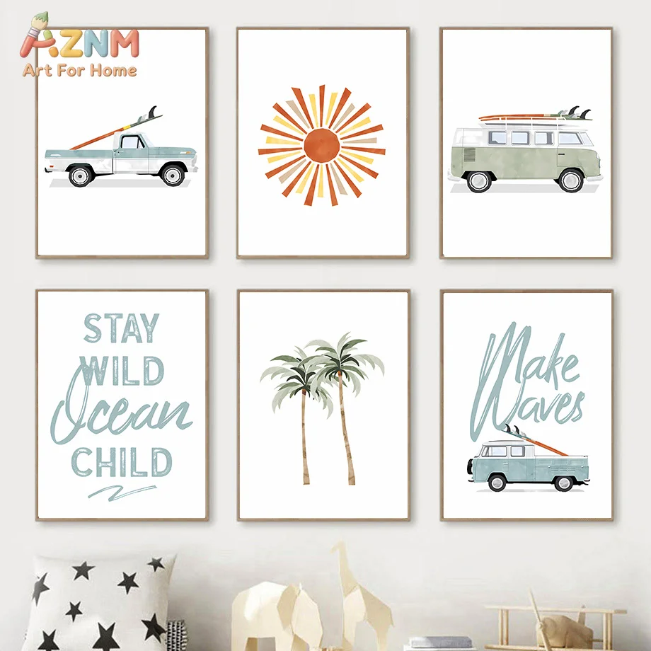 AZNM Boho Surf Van Beach Palm Tree Canvas Wall Art Print Decor