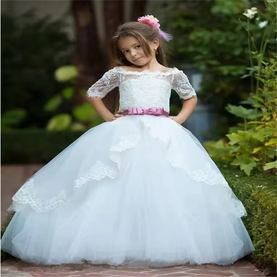 Flower Girls Dress White For Wedding Dresses With Red Belt Sash Half Sleeves Lace Tulle Glitz First Communion Pageant