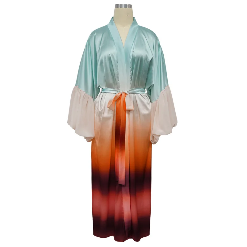 

Women's Ombre Satin Kimono Robe 2026 Summer Fashion Long Gradient Sleepwear Loose Vacation Cover-Up Lantern Sleeves Loungewear