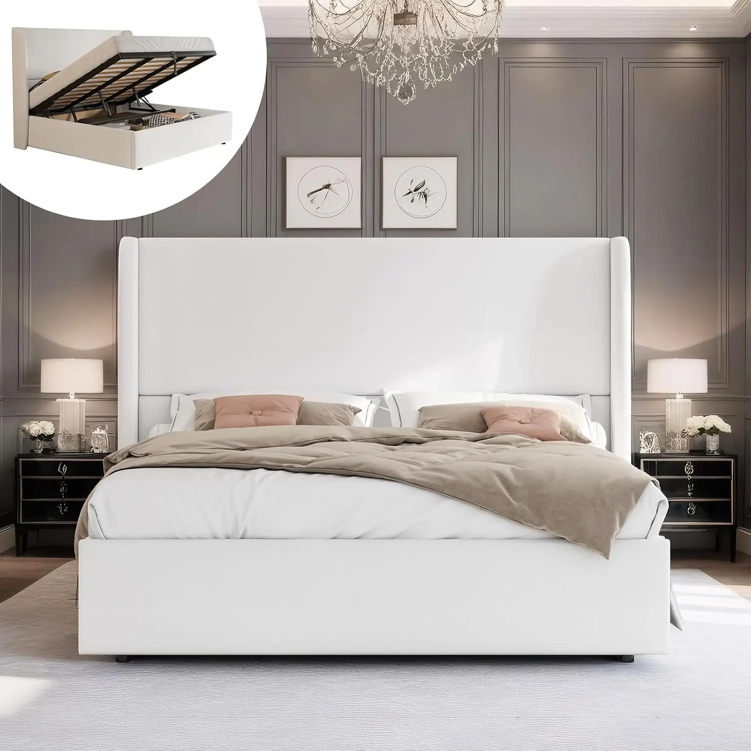 White Upholstered Storage Bed With Lift Up Base & Wingback Headboard, Hydraulic Metal Frame, No Box Spring, Customized