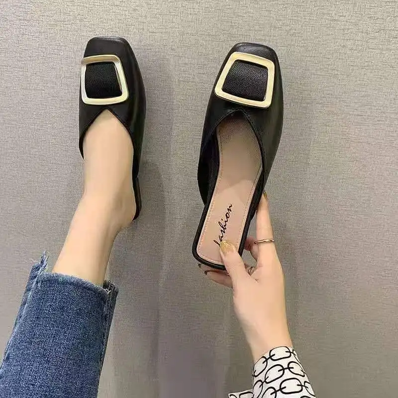 2023 Summer Women's Slippers Wrapped Half Slippers Low Heel Women's Comfortable Sandals Solid Color Casual Women's Slippers 40