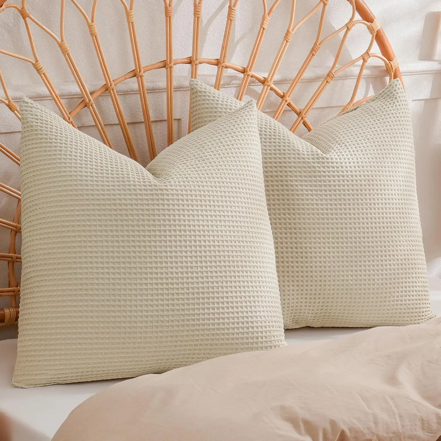 

100% Cotton Waffle Throw Pillow Covers 24""X24"", No Filling, 2 Pa Elegant Home Decorative Square Throw Pillow Covers For Bed