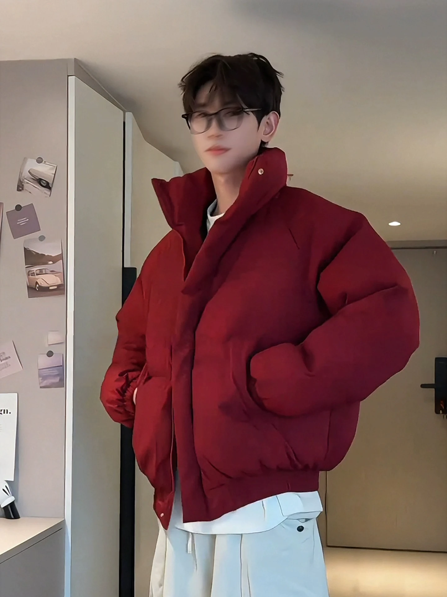 

Теплая красная американская утепленная куртка-пуховик для мужчин, зимнее пальто Cleanfit с высоким воротником, хлопковая верхняя одежда