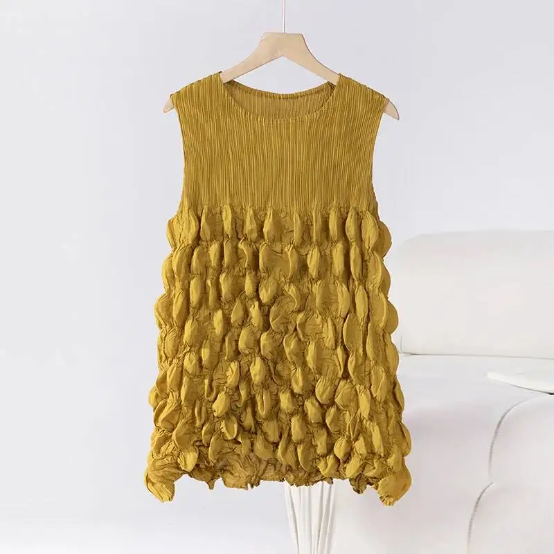 New Design Niche Bubble Pleated Sleeveless Top Elegant Versatile Slimming Women's T-Shirt Vest Round Collar Tops 2OR7M