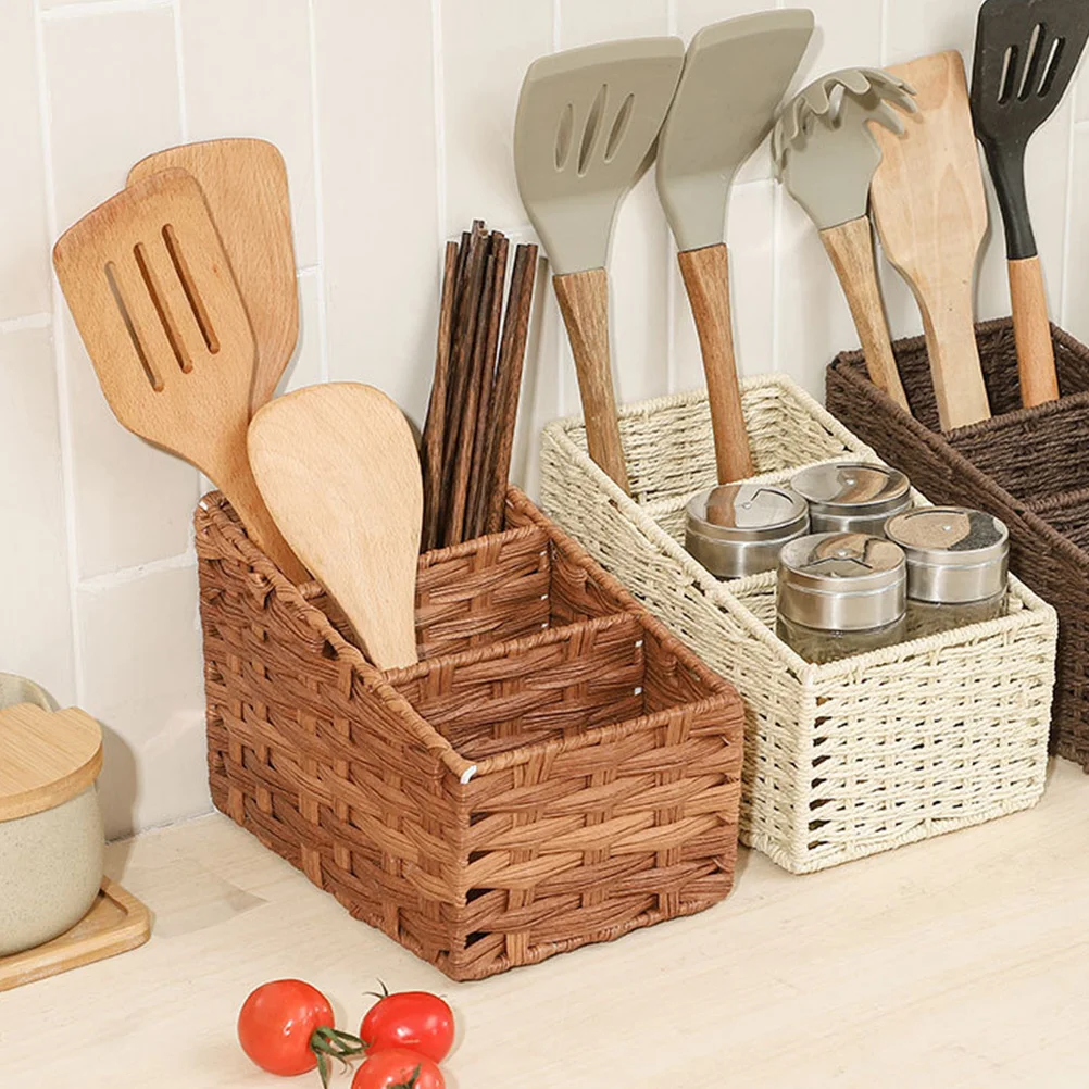 

Trapezoidal Three Grid Desktop Storage Box Simulated Hand-Woven Basket Waterproof Plastic Iron Frame Organizer for Home Office