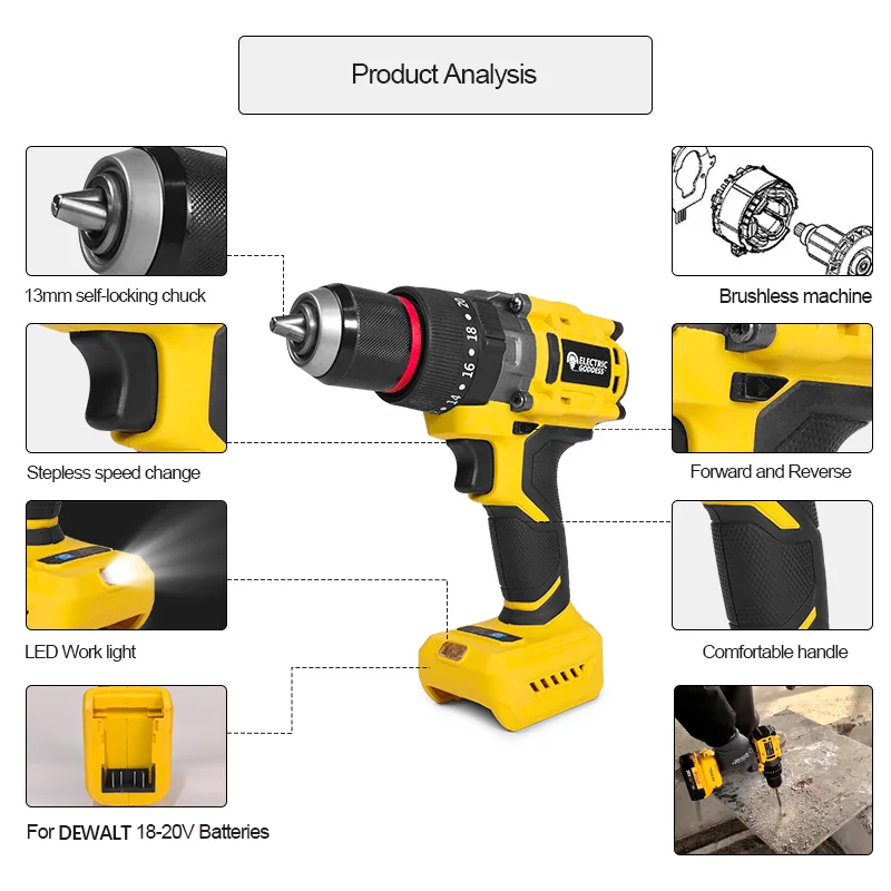 Electric Goddess Brushless Motor 13mm Chunk for Dewalt 20V Battery Electric ударна бормашина Безжичен акумулаторен електрически винтоверт 
