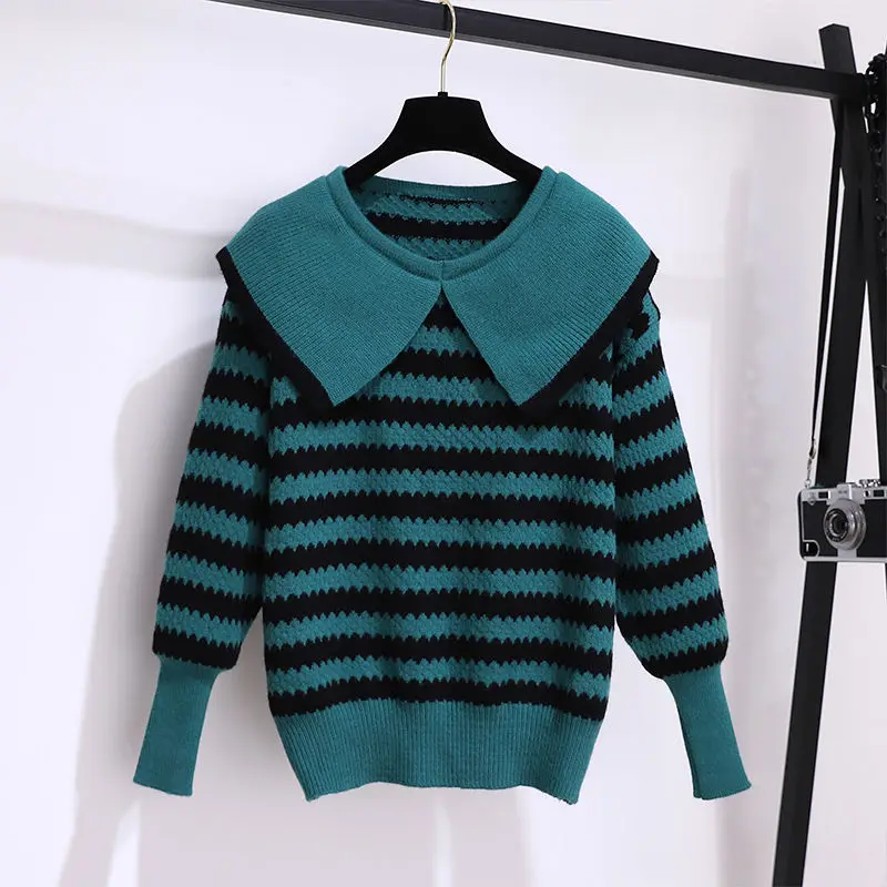 Women's 2023 Autumn/Winter New Suit Academy Style Doll Neck Striped Sweater Slim Versatile Short Skirt Two Piece Set Fashion