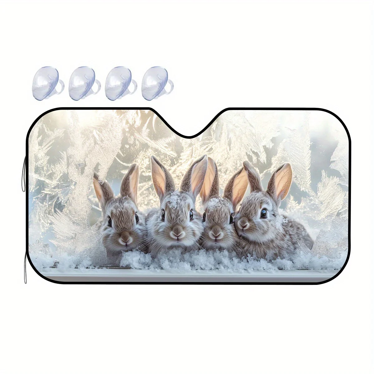 1pc Winter Snow Rabbits & Frosted Window Design Polyester Car Sunshade - Fit Windshield Sun Cover, Heat Insulation & Glare Reduc