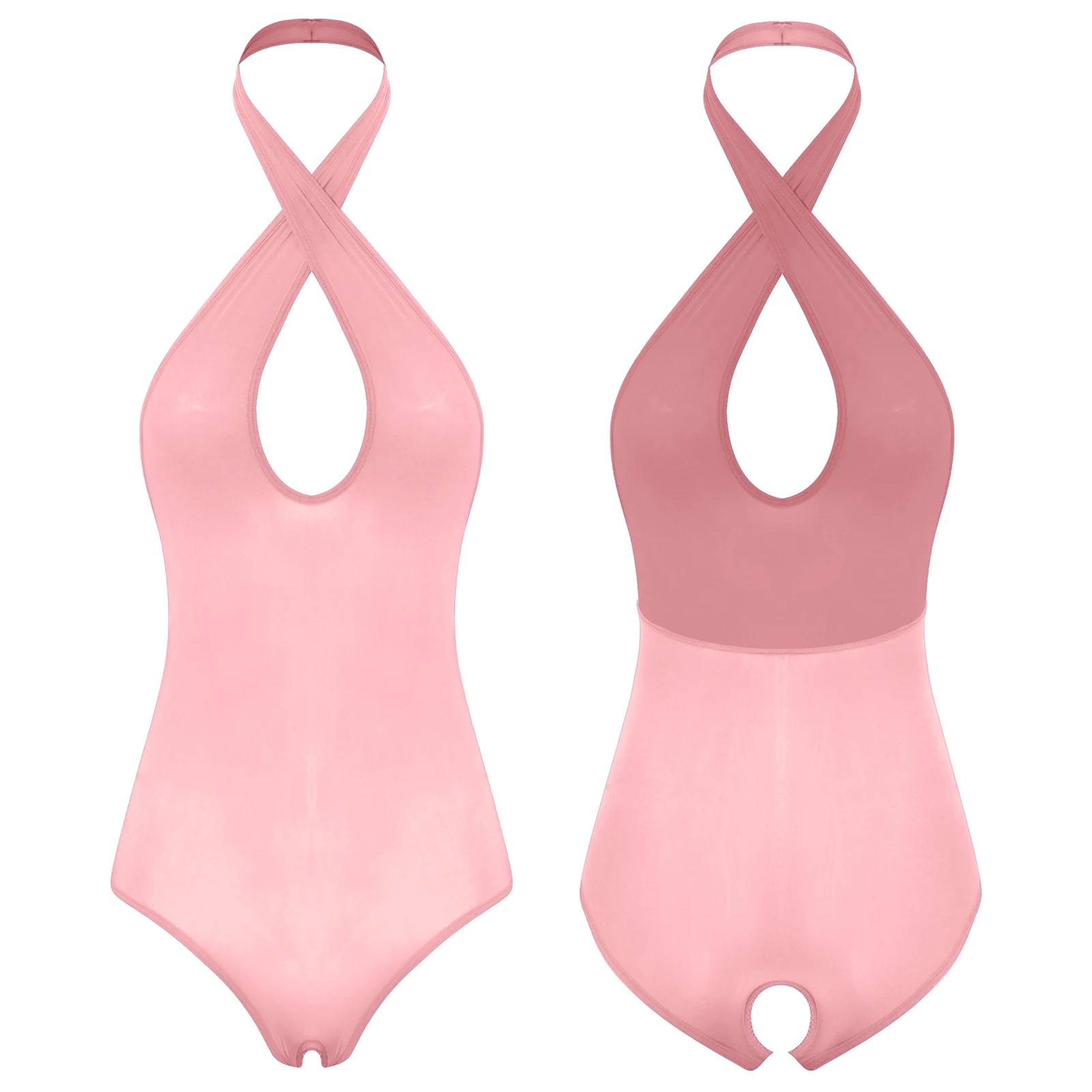 

Women Oil Glossy One-piece Bodysuit Cross Halter Sleeveless Backless Opening Crotch Leotard Jumpsuit Sheer Lingerie Pool Party