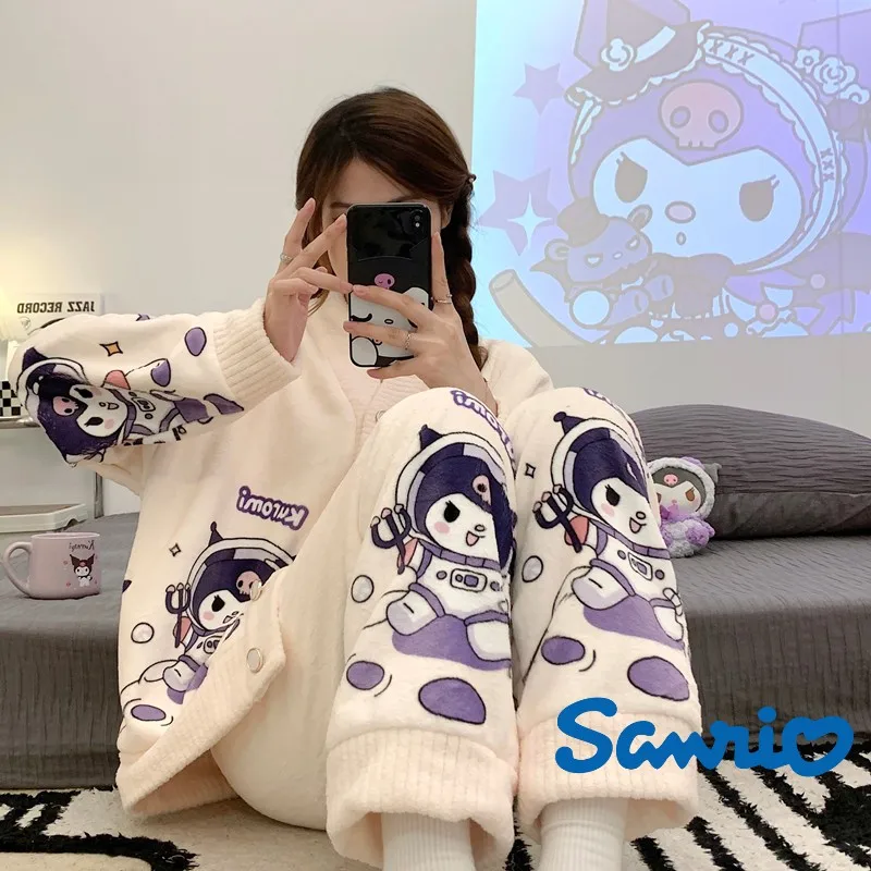 Kawaii Sanrios  Kuromi Cinnamoroll Anime Winter Cartoon Cute Coral Fleece Thickened Pajamas Indoor Home Wear Suits Girls Gifts