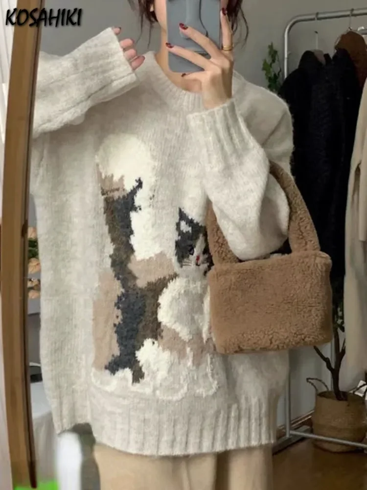 Sweet Y2k Aesthetic Grunge Cat Jacquard Sweaters Oversized Casual Japanese Jumpers Fashion All Match Knitted Women Pullovers